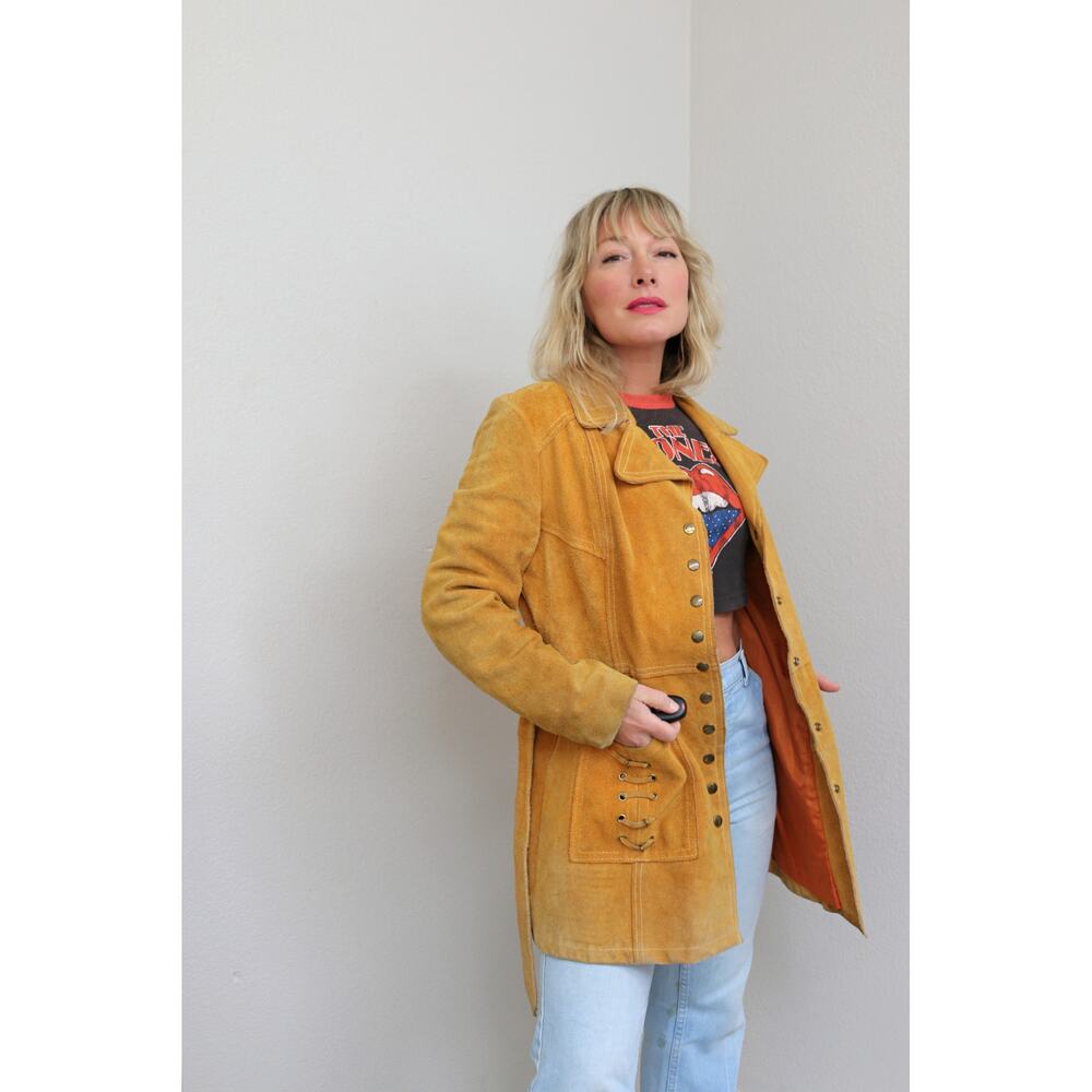 1960's Vintage Rough Mustard Suede Leather Jacket ~ Women's MD LG ~ Men's MD - Picture 2 of 10